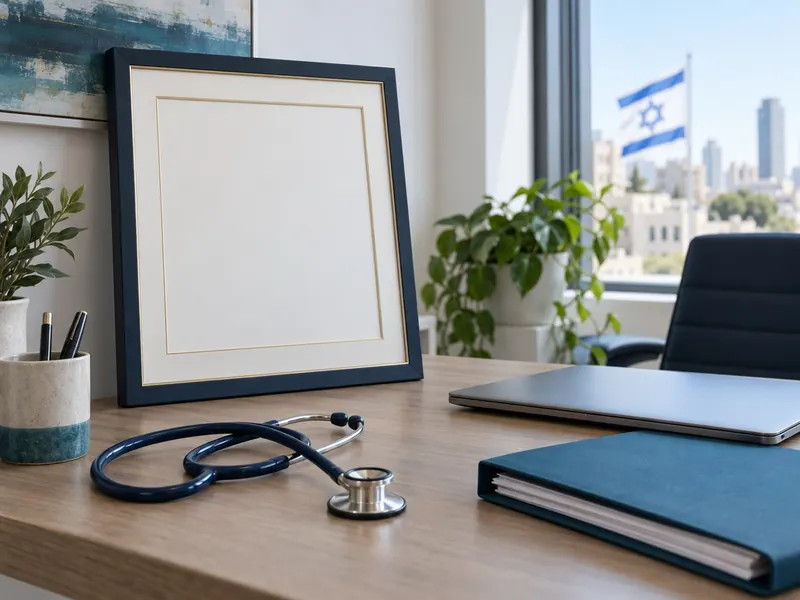 שולחן עבודה עם סטטוסקופ, תיקייה ומסגרת תעודה ריקה